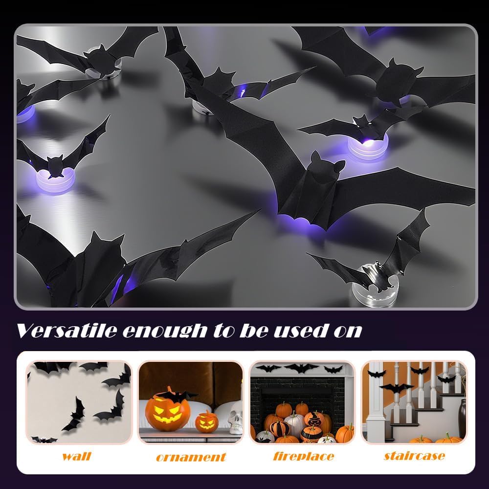 3D Halloween Bat Wall Decorations – Black Bat Stickers & LED Light-Up Bats