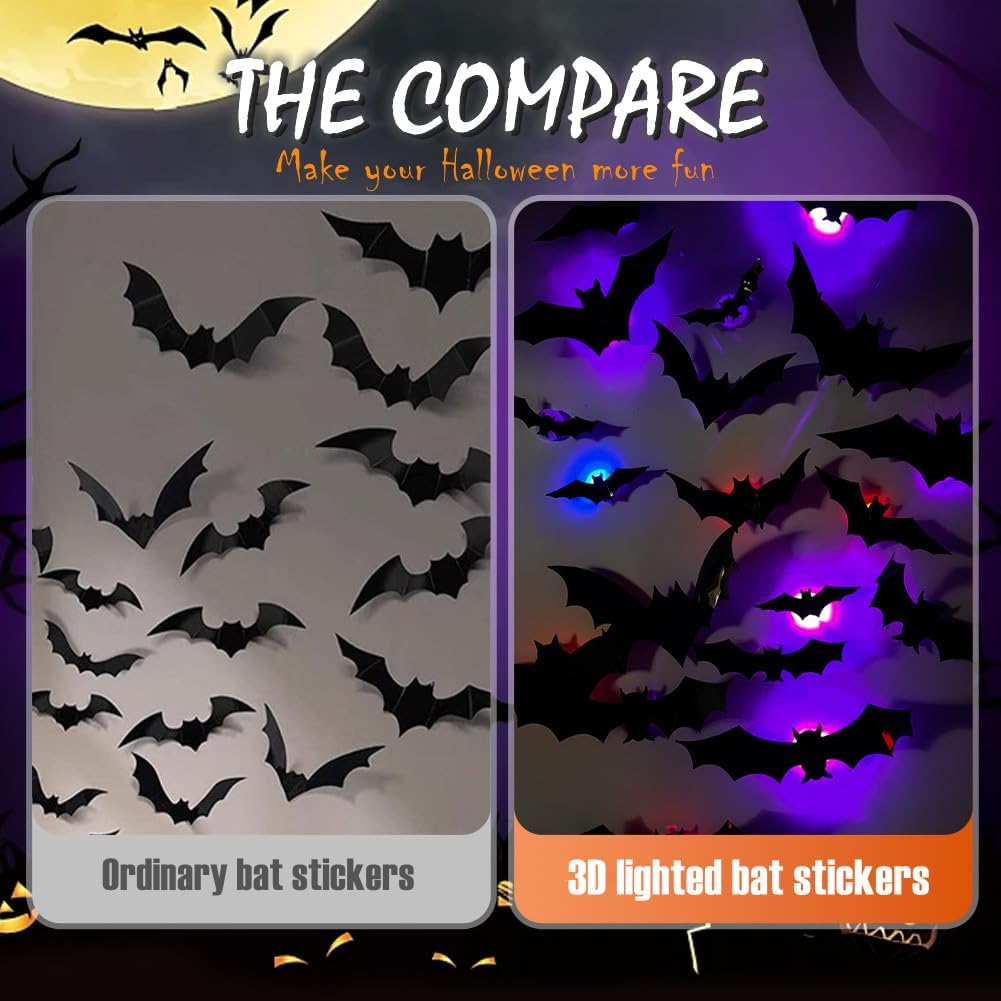 3D Halloween Bat Wall Decorations – Black Bat Stickers & LED Light-Up Bats