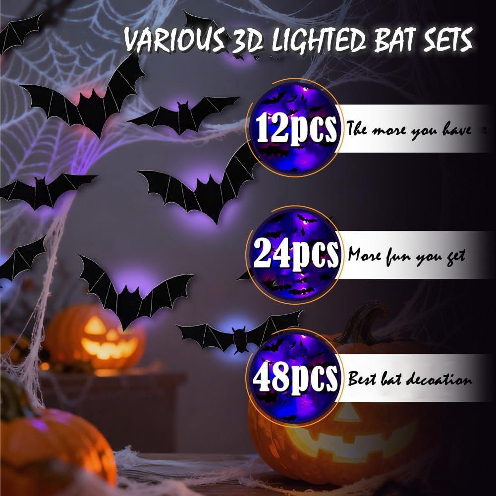 3D Halloween Bat Wall Decorations – Black Bat Stickers & LED Light-Up Bats