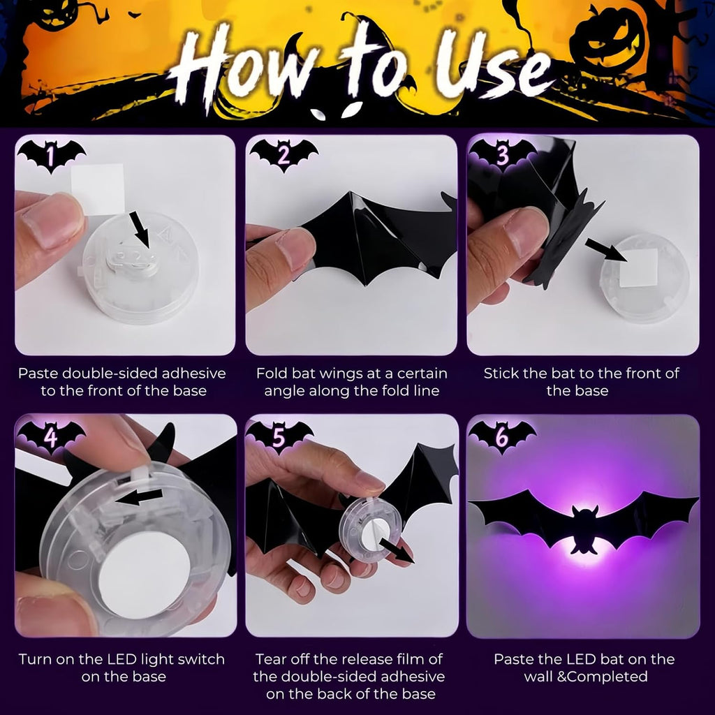3D Halloween Bat Wall Decorations – Black Bat Stickers & LED Light-Up Bats