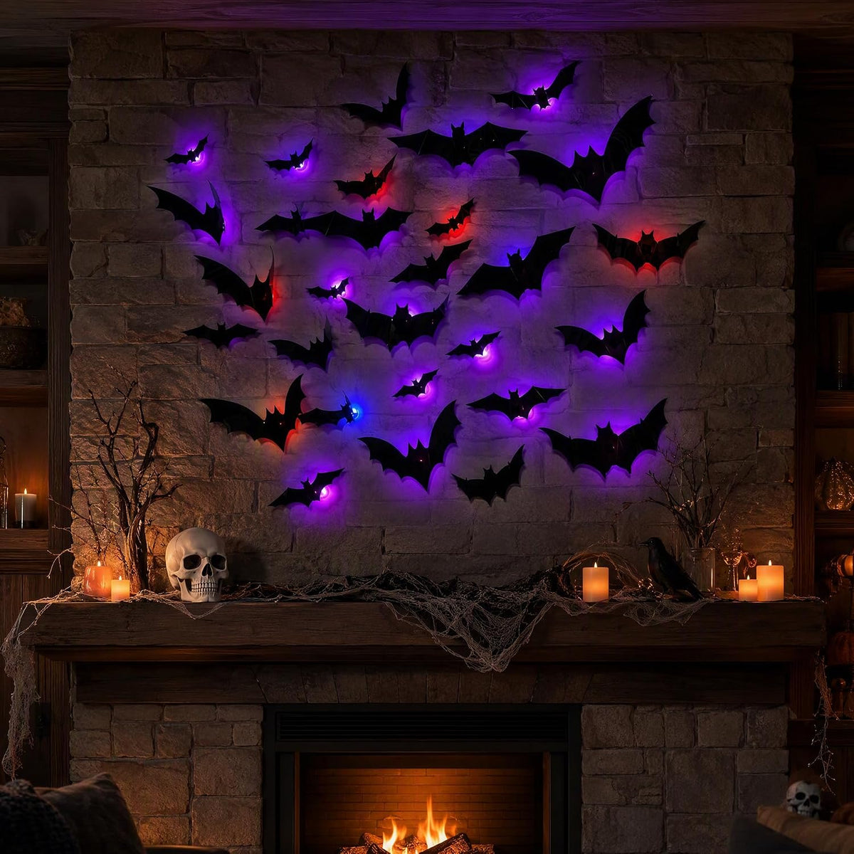 3D Halloween Bat Wall Decorations – Black Bat Stickers & LED Light-Up Bats