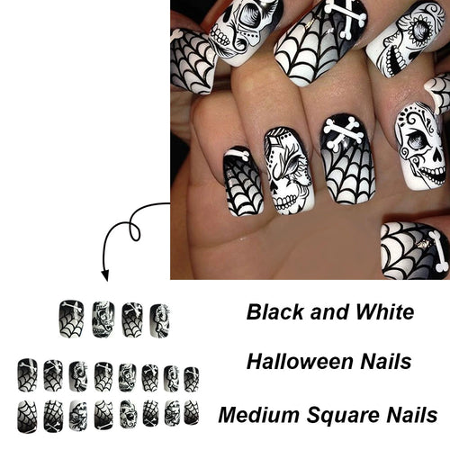 Gothic Halloween Press-On Nails™ – Skull & Spider Web