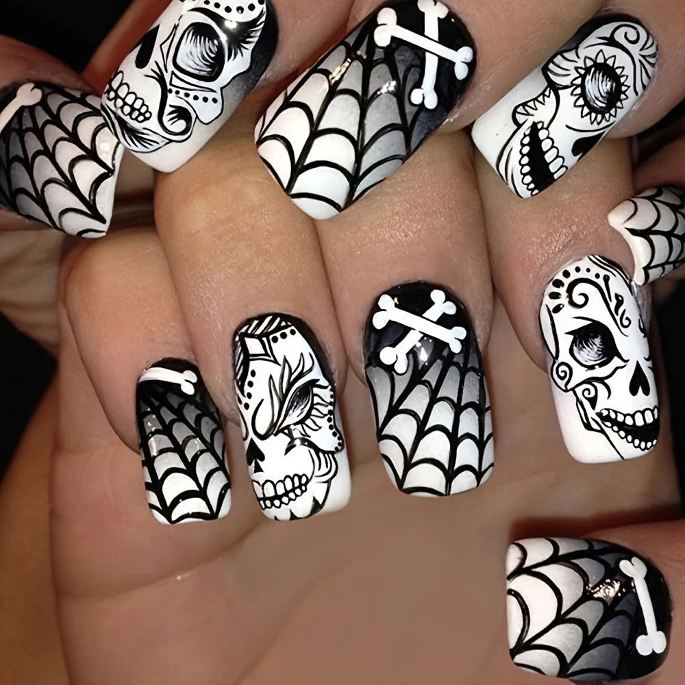 Gothic Halloween Press-On Nails™ – Skull & Spider Web