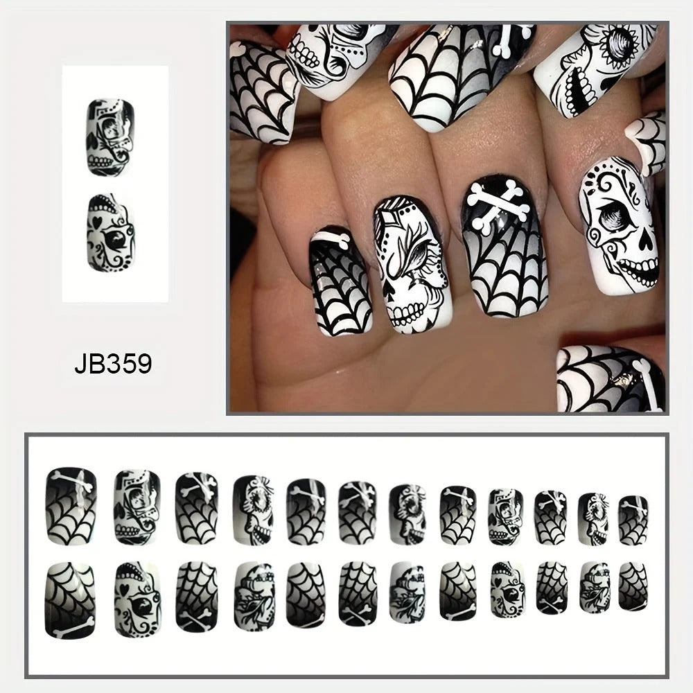 Gothic Halloween Press-On Nails™ – Skull & Spider Web