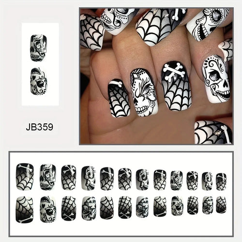 Gothic Halloween Press-On Nails™ – Skull & Spider Web