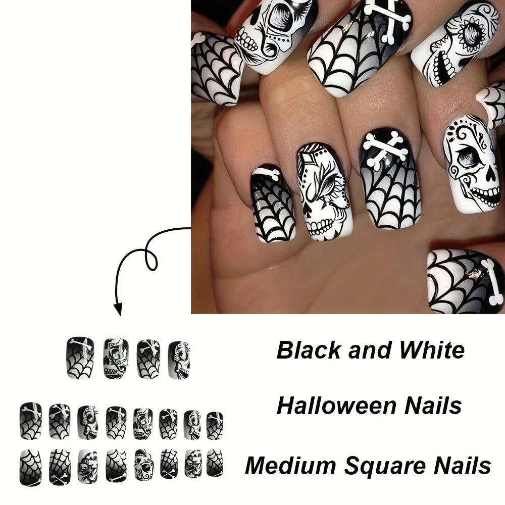 Gothic Halloween Press-On Nails™ – Skull & Spider Web