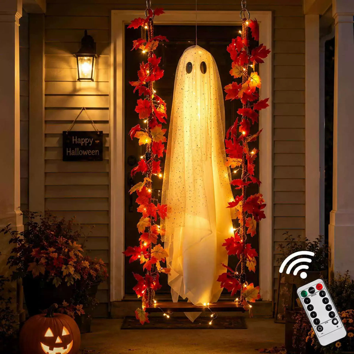 Halloween Hanging Ghost Decoration with LED Lights Outdoor Porch Ghost Garland for Halloween Party Decor