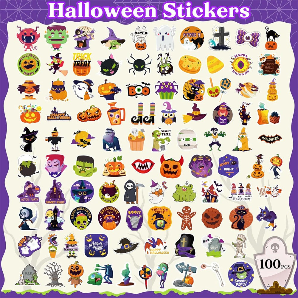 🎃 Halloween Sticker Pack – 100PCS 100PCS Halloween Stickers – Spooky Party & Treat Bag Decorations Add a little Halloween fun to treat bags, party favors, crafts, cards, notebooks, and more.