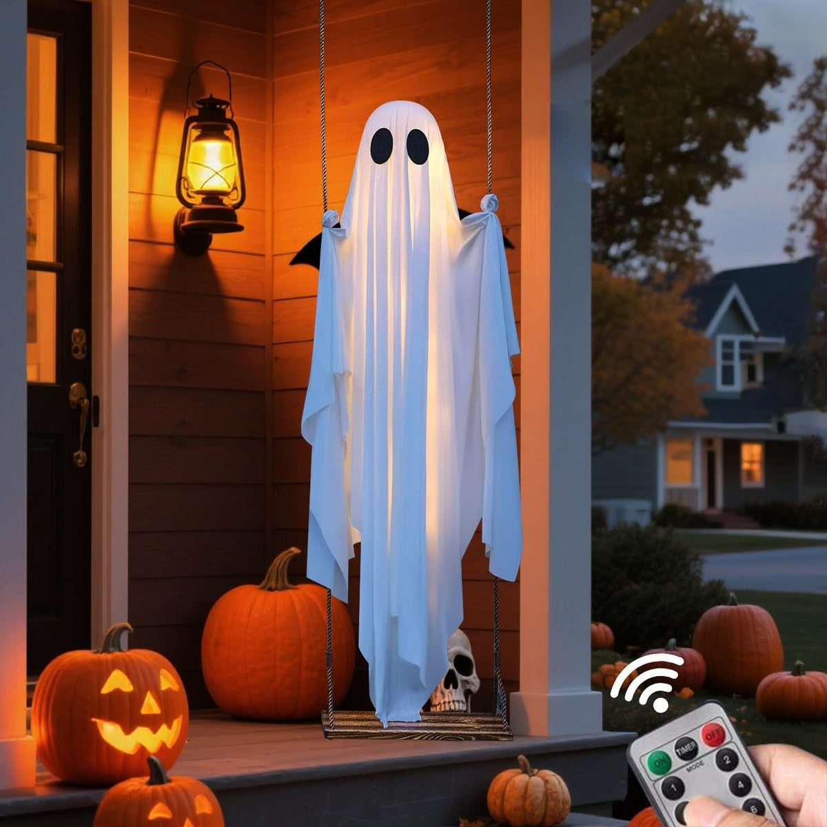 Halloween Hanging Ghost Decoration with LED Lights Outdoor Porch Ghost Garland for Halloween Party Decor
