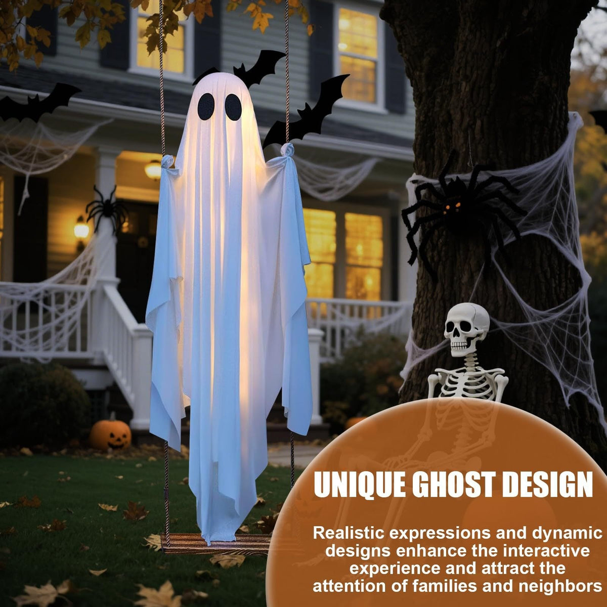Halloween Hanging Ghost Decoration with LED Lights Outdoor Porch Ghost Garland for Halloween Party Decor