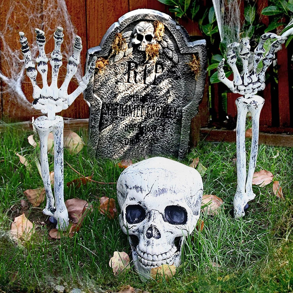 Halloween Skeleton Hands & Skull Decoration Set, Outdoor Graveyard Yard Decor, Creepy Halloween Party Props