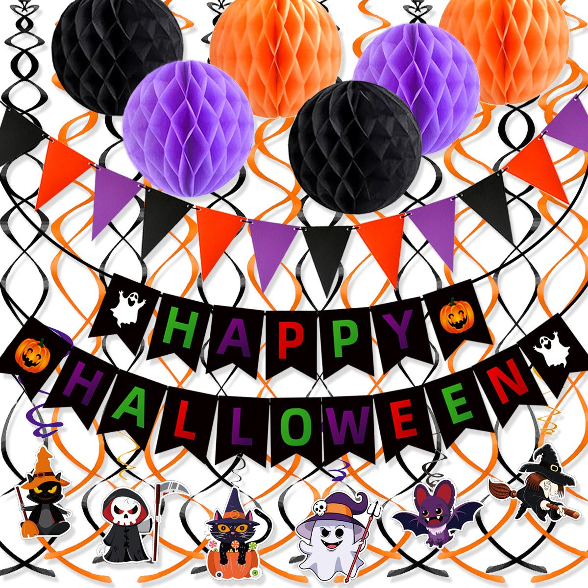 Halloween Happy Spiral Decorations Set – Black, Orange & Purple Party Decor