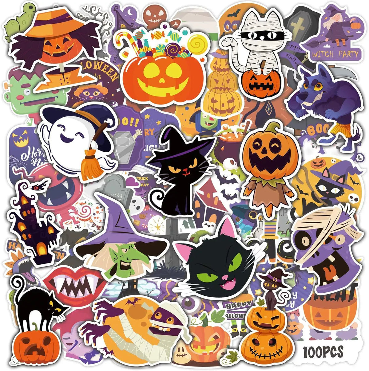 🎃 Halloween Sticker Pack – 100PCS 100PCS Halloween Stickers – Spooky Party & Treat Bag Decorations Add a little Halloween fun to treat bags, party favors, crafts, cards, notebooks, and more.
